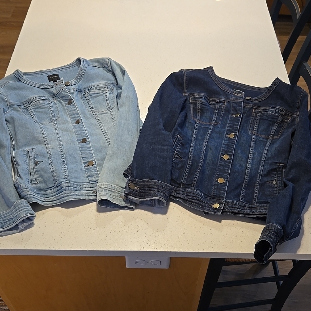 Liverpool collar less jean jackets. Dark & light blue.